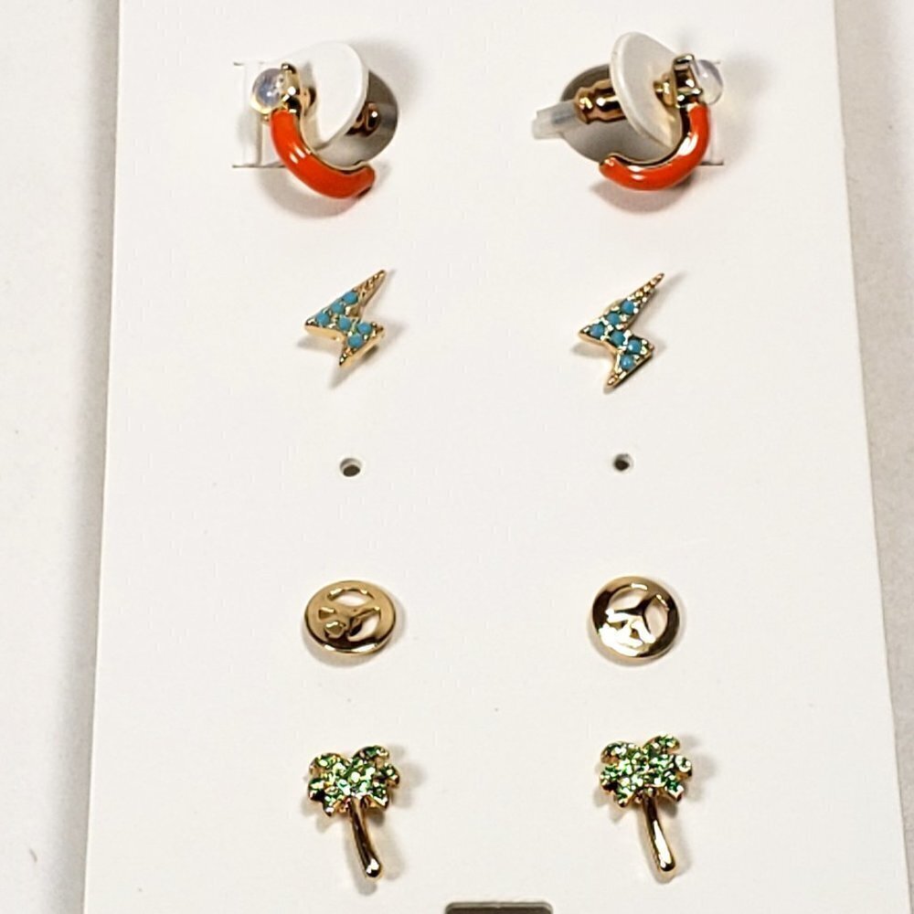 Set of 4 Polished gold tone Peace, Palm tree, Lightning Stud Earrings A5